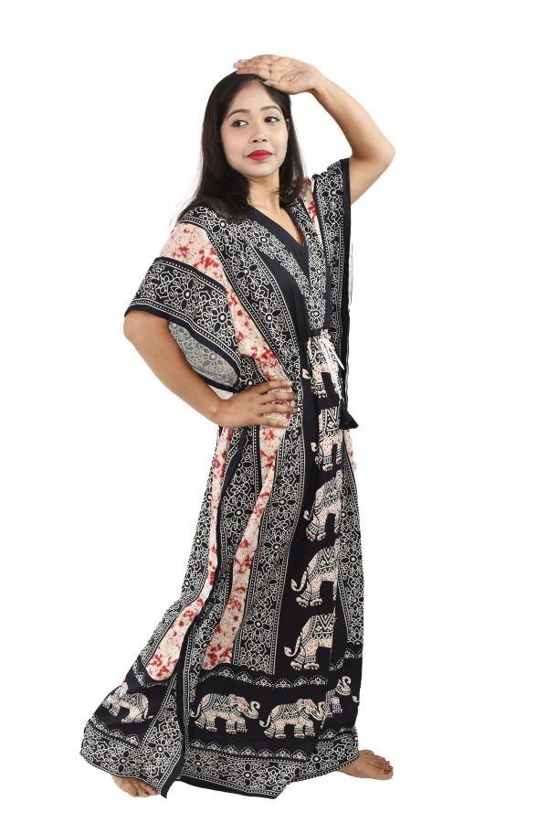 BDROX Pure Cotton Indonesian Elephant Printed Kaftan Night Dress - Image 3